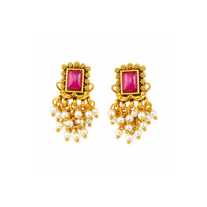 Heritage Temple Pearl Bali Earrings – Ruby Emerald Stud Detail R-2161