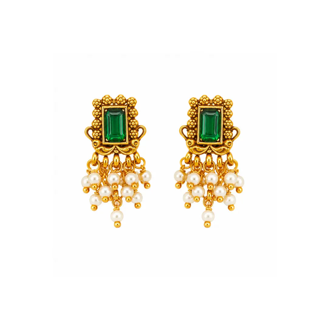 Heritage Temple Pearl Bali Earrings – Ruby Emerald Stud Detail R-2161