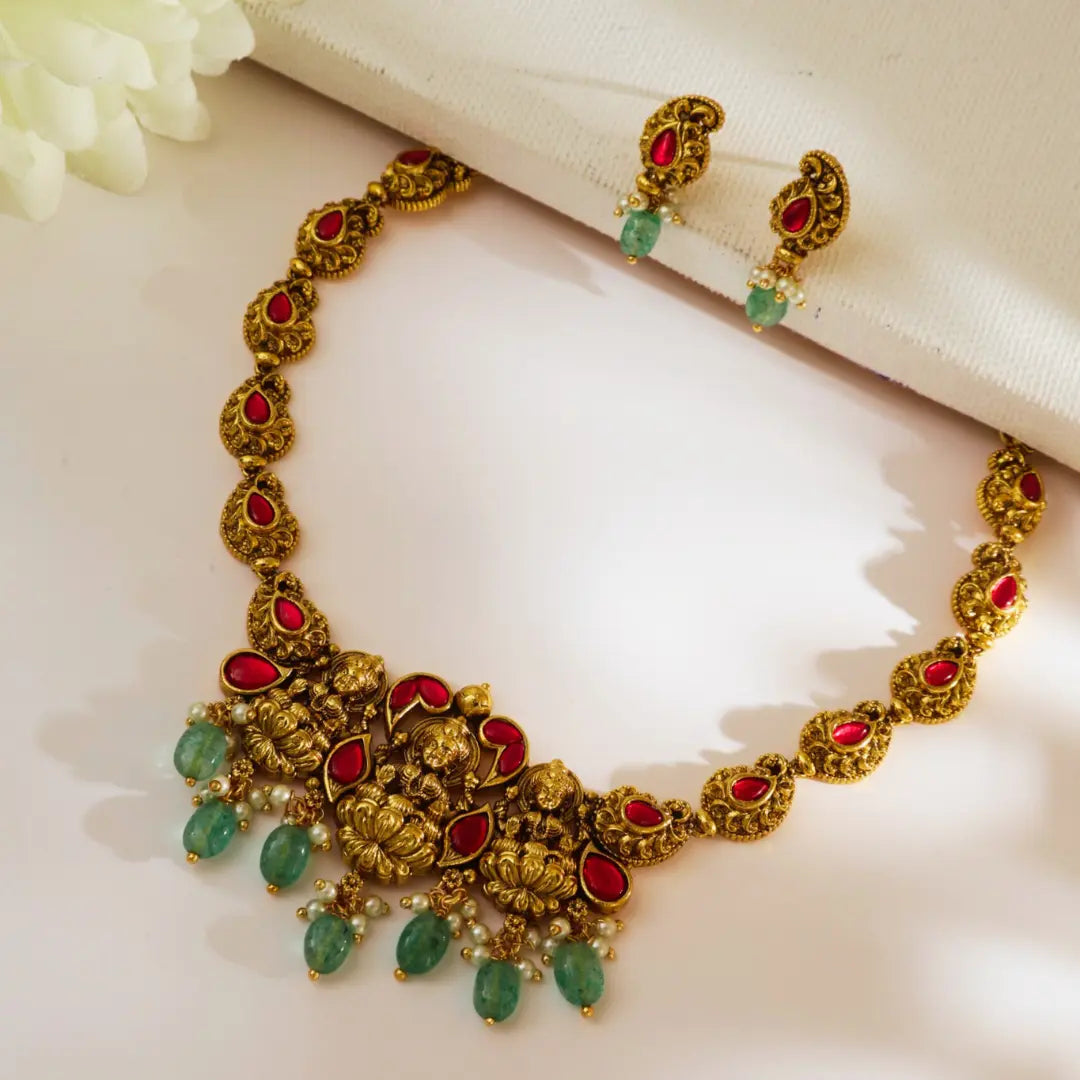 Antique Lakshmi Short Necklace Set – Gold Plated T-34