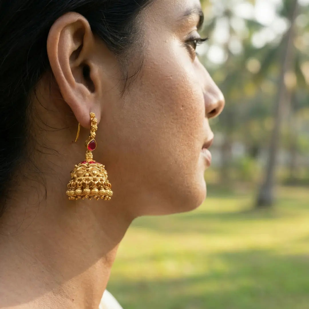 Lakshmi Mukut Jhumka | Gold-Plated Goddess Crown Temple Earrings T-86
