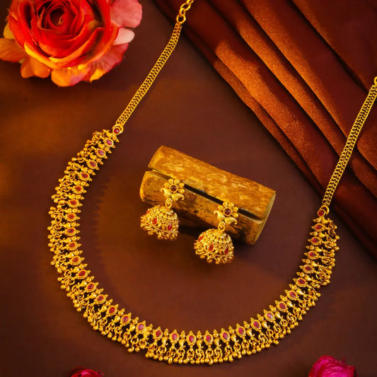 Gajra Haaram Short Necklace Set | Gold-Plated Temple Jewellery