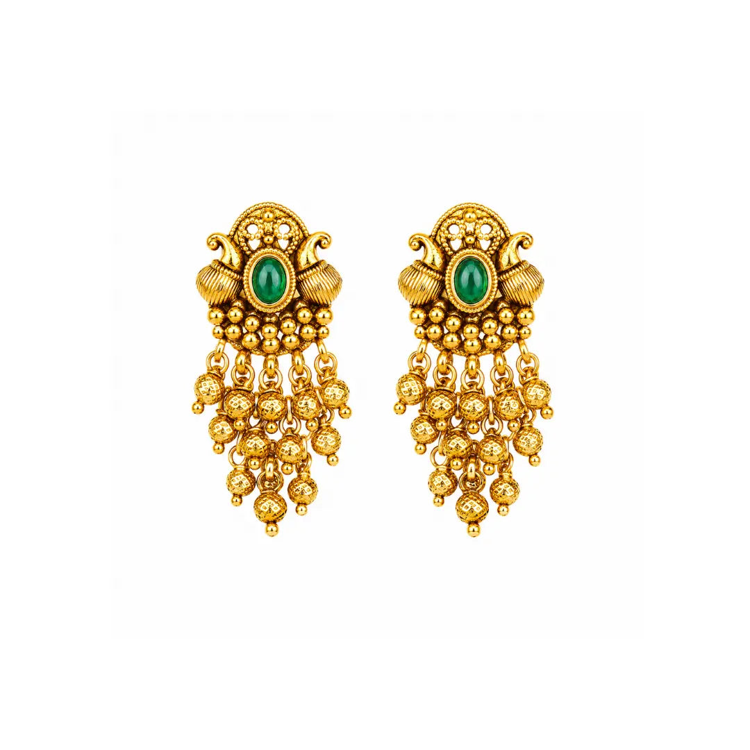 Antique Gold Minimal Bali Earrings – Pearl Drop Temple Style R-2156