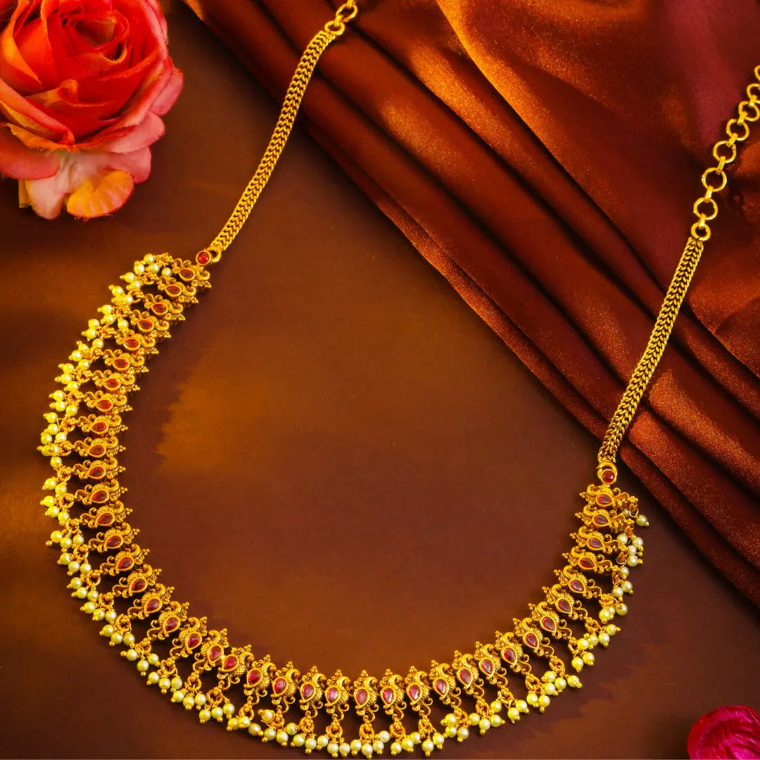 Ratna Sitahaar Short Necklace Set | Gold-Plated Temple Jewellery