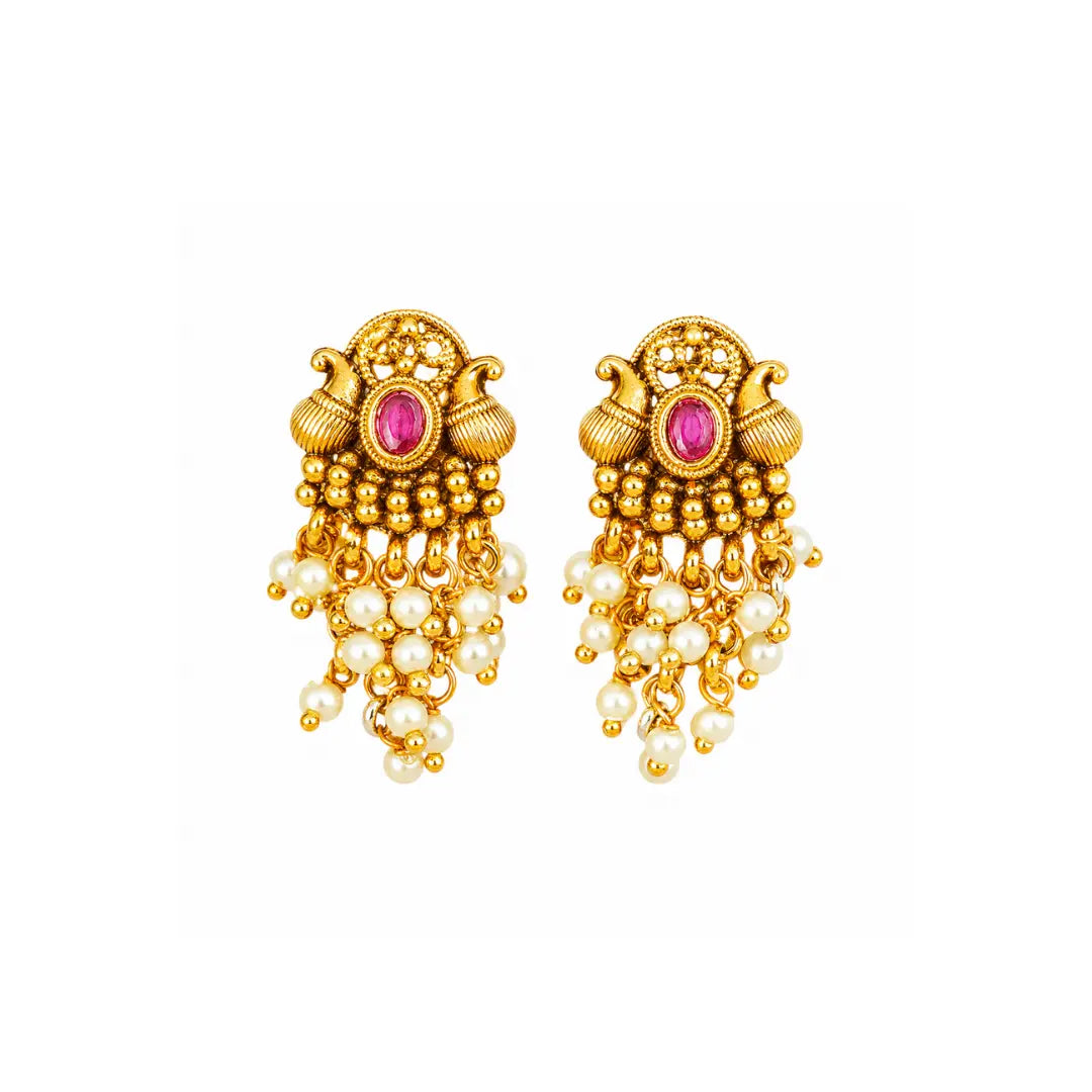 Antique Gold Minimal Bali Earrings – Pearl Drop Temple Style R-2156