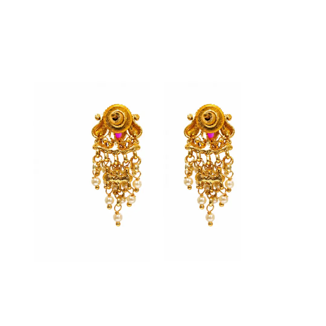 Antique Gold Minimal Bali Earrings – Pearl Drop Temple Style R-2156