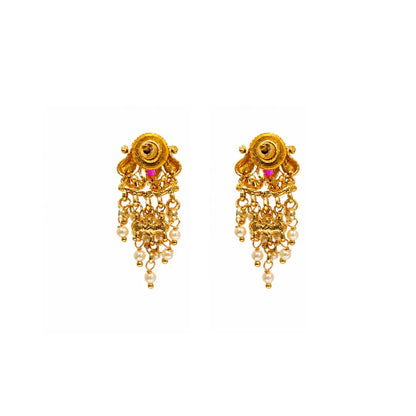 Antique Gold Minimal Bali Earrings – Pearl Drop Temple Style R-2156