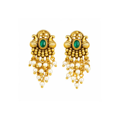 Antique Gold Minimal Bali Earrings – Pearl Drop Temple Style R-2156