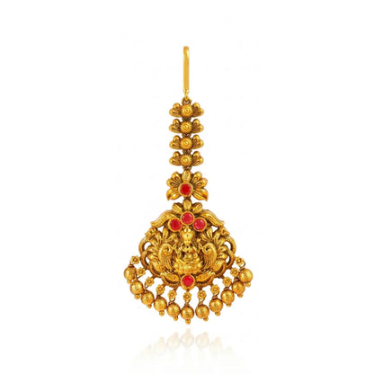 Lakshmi Temple Jewellery Maang Tikka with Green Bead Drops J-1289