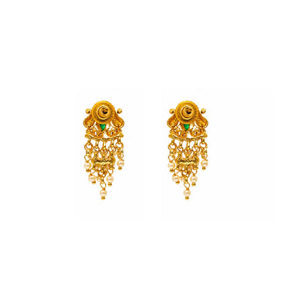 Antique Gold Minimal Bali Earrings – Pearl Drop Temple Style R-2156