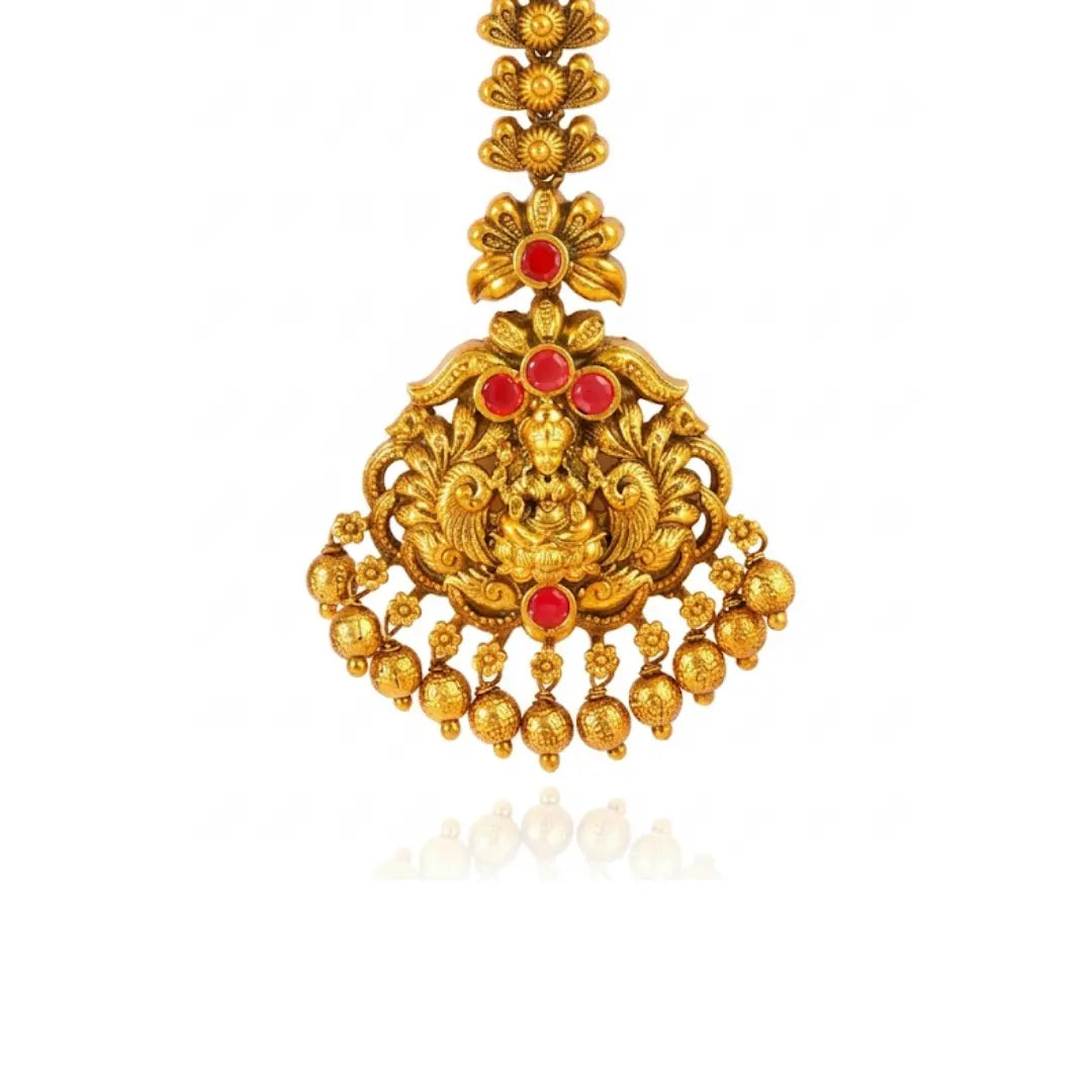 Lakshmi Temple Jewellery Maang Tikka with Green Bead Drops J-1289