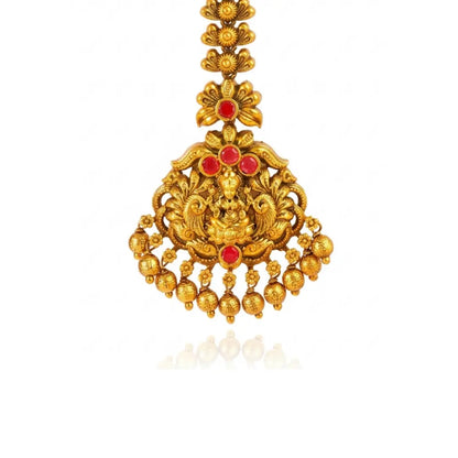 Lakshmi Temple Jewellery Maang Tikka with Green Bead Drops J-1289