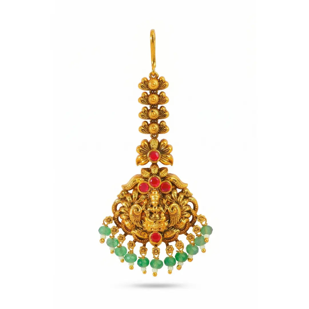 Lakshmi Temple Jewellery Maang Tikka with Green Bead Drops J-1289
