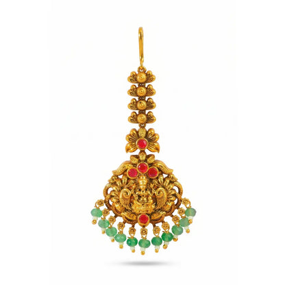 Lakshmi Temple Jewellery Maang Tikka with Green Bead Drops J-1289