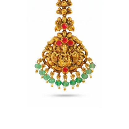 Lakshmi Temple Jewellery Maang Tikka with Green Bead Drops J-1289