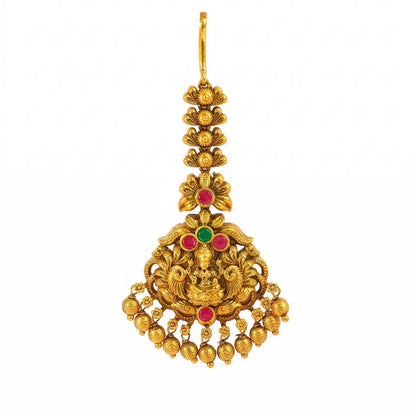 Lakshmi Temple Jewellery Maang Tikka with Green Bead Drops J-1289