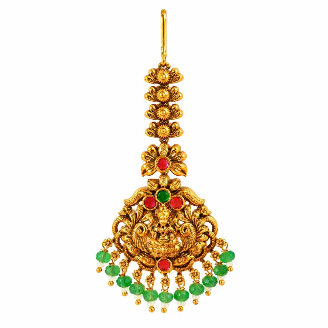 Lakshmi Temple Jewellery Maang Tikka with Green Bead Drops J-1289
