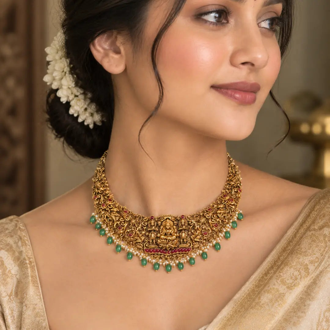 Manga Swarna Navaratna Kanti Short Necklace Set | Gold-Plated Temple J-1015