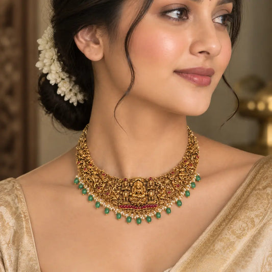 Manga Swarna Navaratna Kanti Short Necklace Set | Gold-Plated Temple J-1015