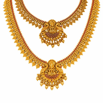 Antique Kodi Swarna Mala Haar Combo Necklace Set | Gold-Plated Temple K-1893N