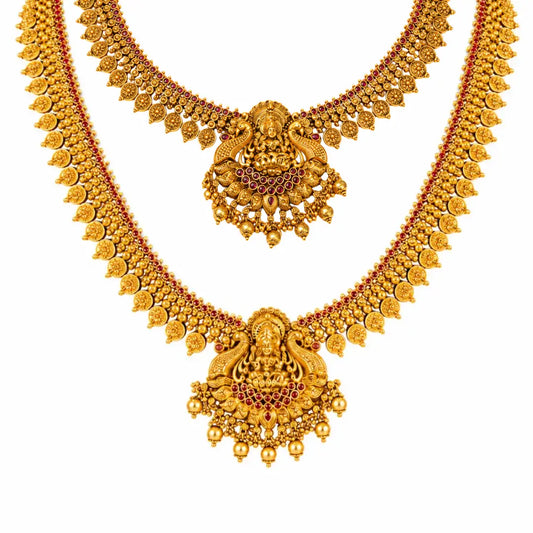 Antique Kodi Swarna Mala Haar Combo Necklace Set | Gold-Plated Temple K-1893N