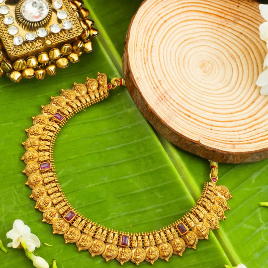 Haritha Lakshmi Temple Jewellery Short Necklace Set with Green Stones