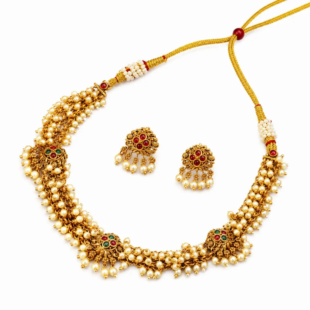 South Indian Temple Necklace Set – Pearl & Gemstone Beauty T-44A