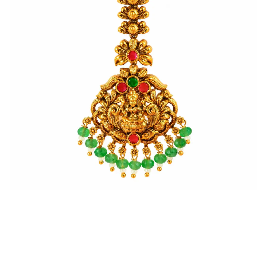 Lakshmi Temple Jewellery Maang Tikka with Green Bead Drops J-1289