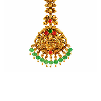 Lakshmi Temple Jewellery Maang Tikka with Green Bead Drops J-1289
