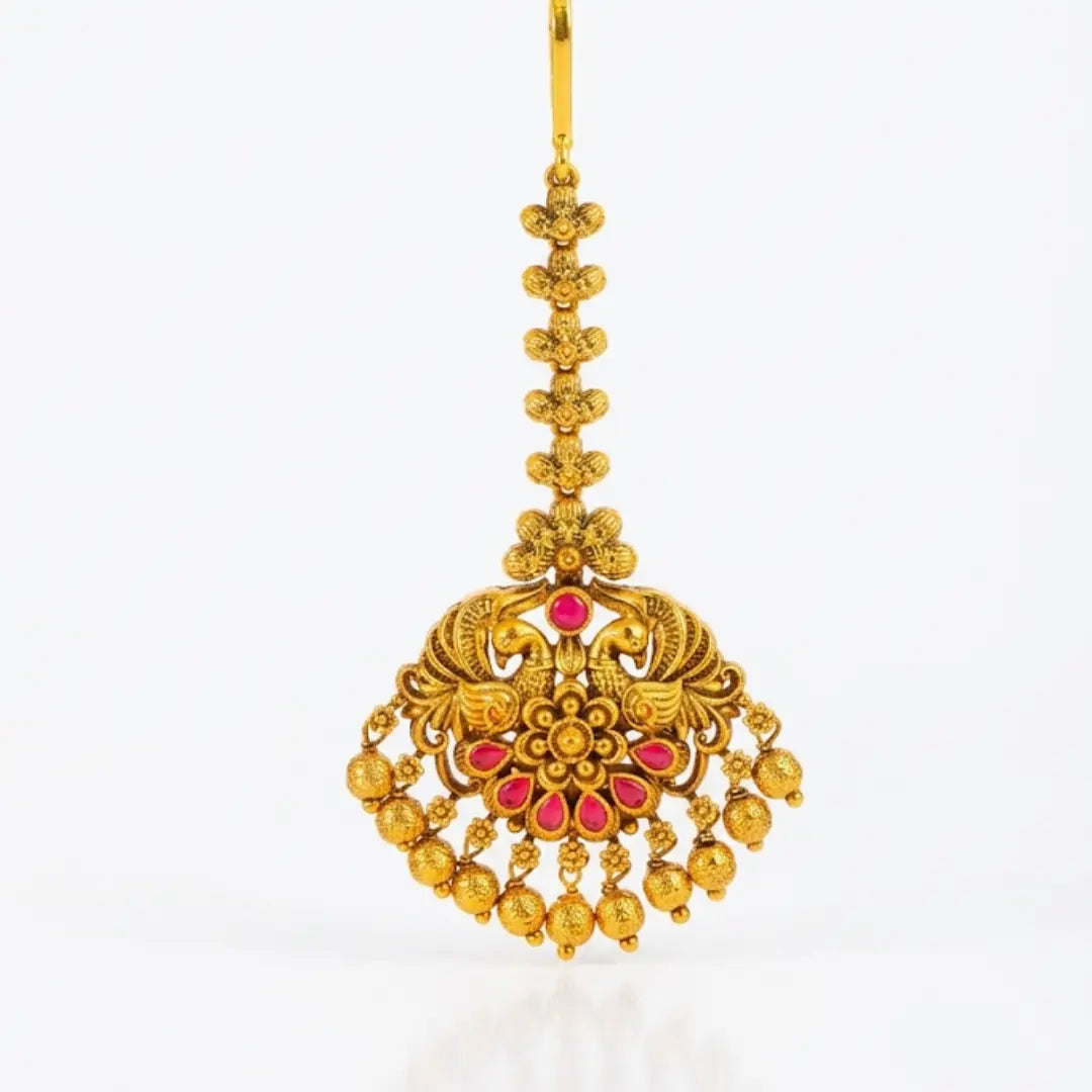 Antique Temple Jewellery Maang Tikka with Pearl Drops J-1255