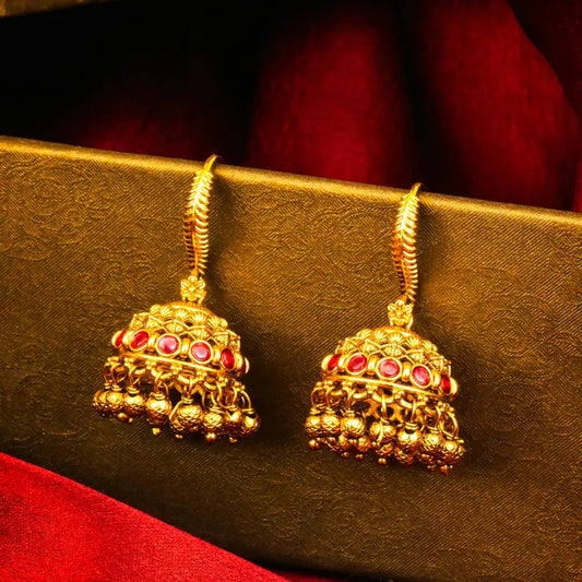 Kesari Manjula Jhumka | Gold-Plated Saffron Floral Temple Earrings