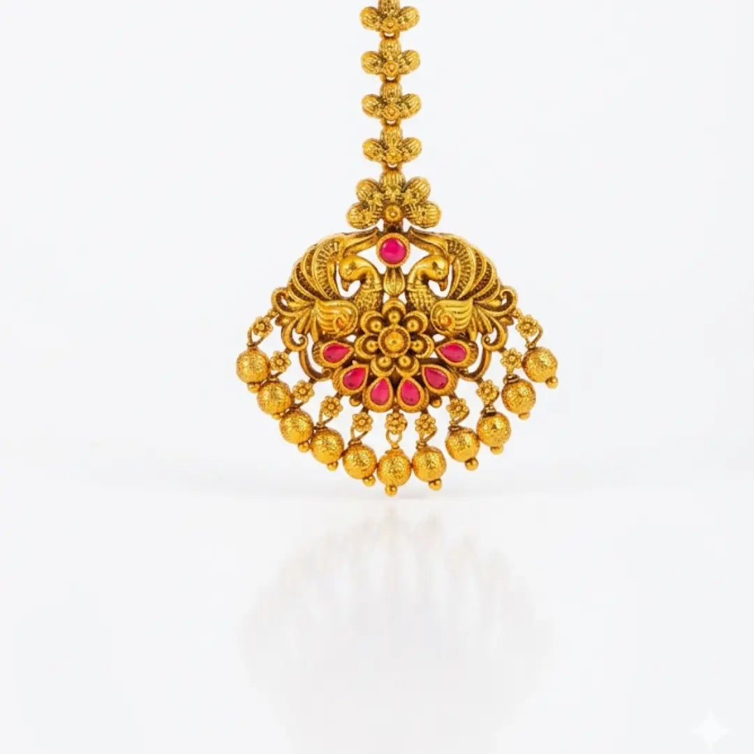 Antique Temple Jewellery Maang Tikka with Pearl Drops J-1255