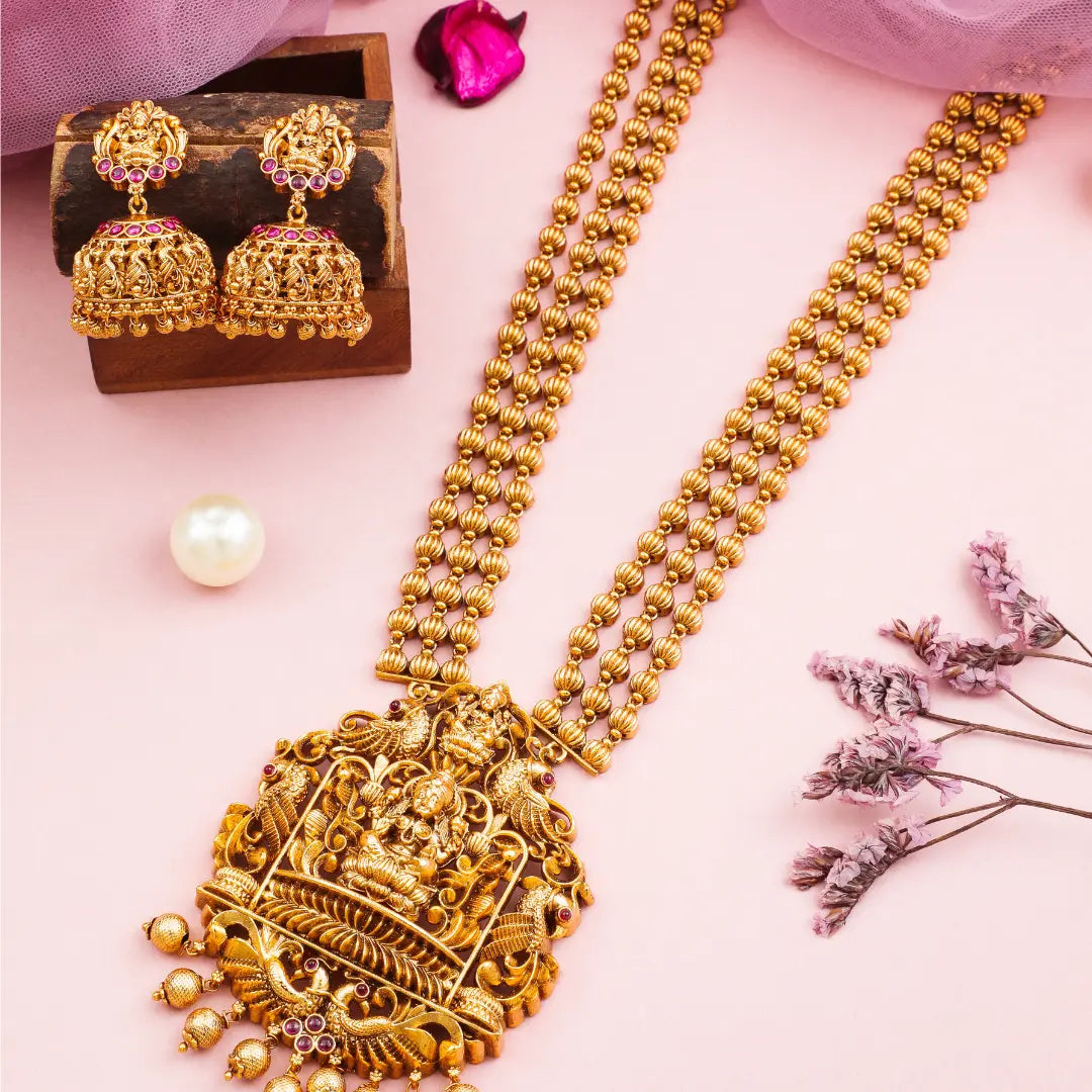 Gold-Plated Antique Laxmi Temple Long Pendan Set