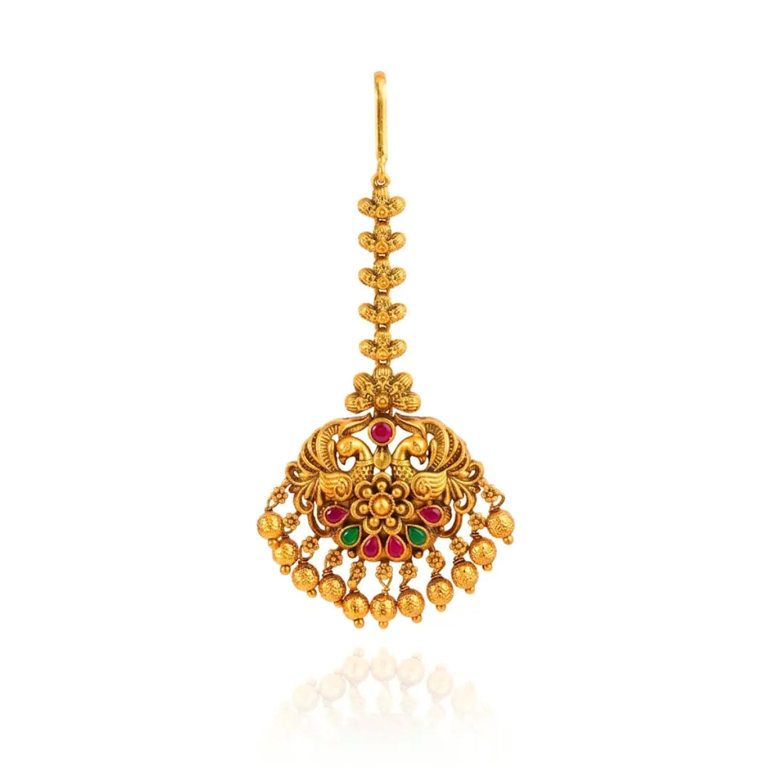 Antique Temple Jewellery Maang Tikka with Pearl Drops J-1255