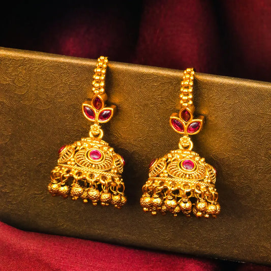 Pushpa Jhumki Jhumka | Gold-Plated Floral Temple Stud Earrings