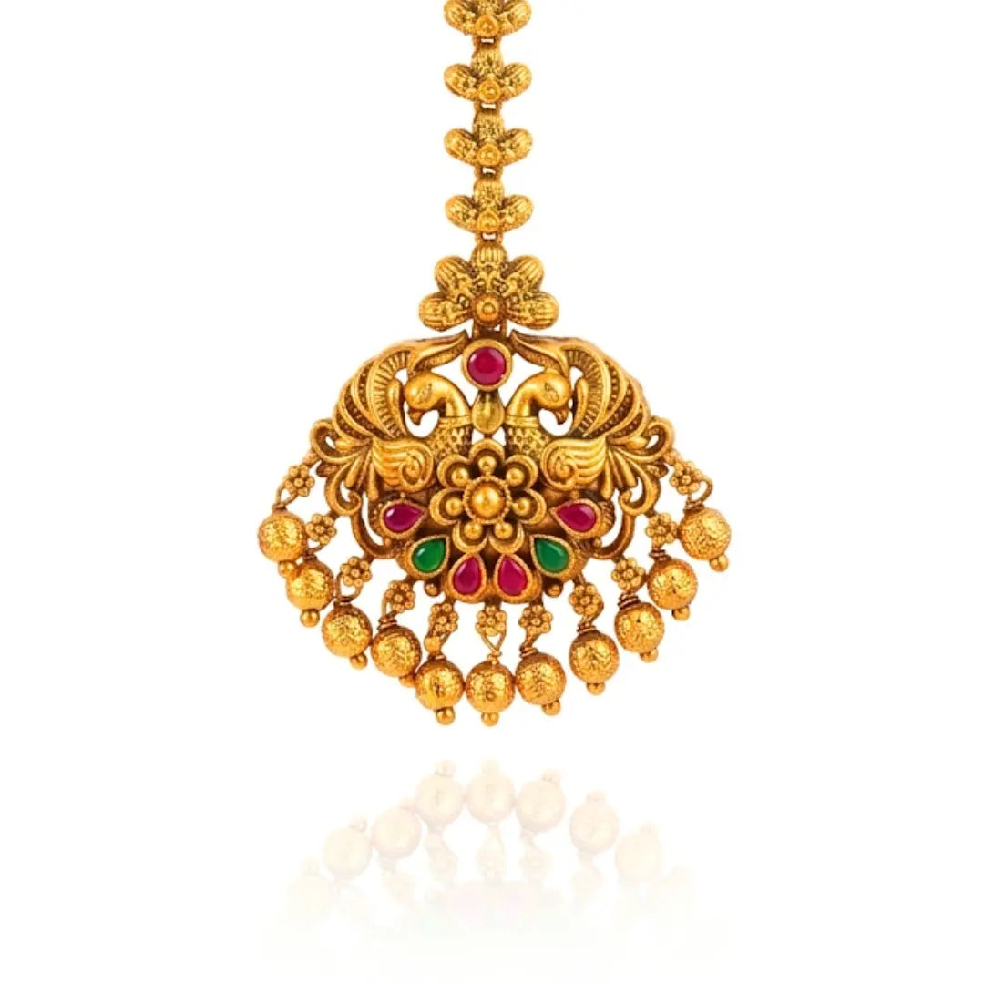 Antique Temple Jewellery Maang Tikka with Pearl Drops J-1255