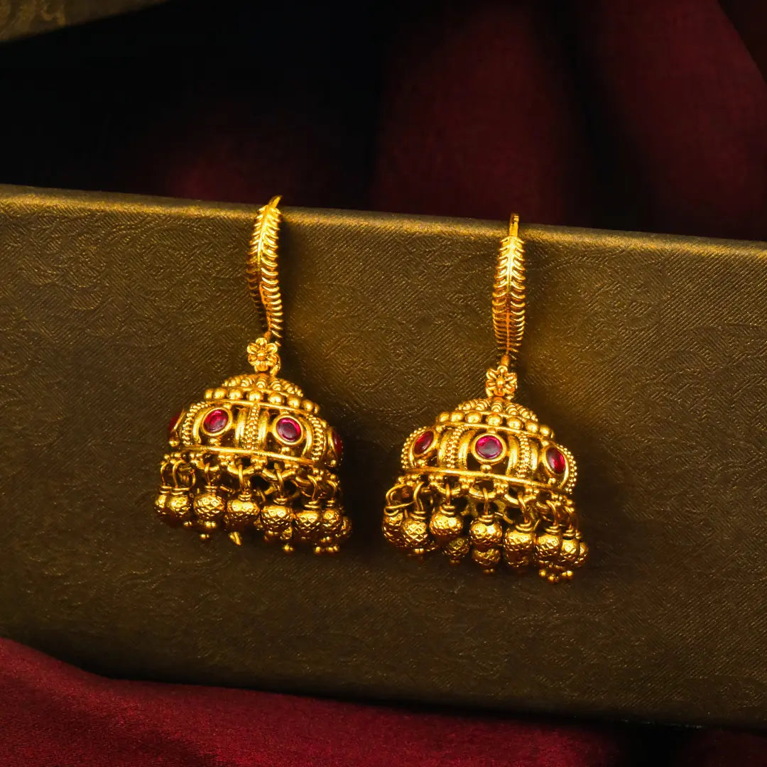 Ratna Ghungroo Jhumka | Gold-Plated Gemstone Bell Temple Earrings