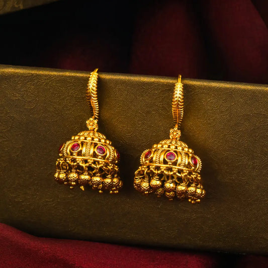 Ratna Ghungroo Jhumka | Gold-Plated Gemstone Bell Temple Earrings