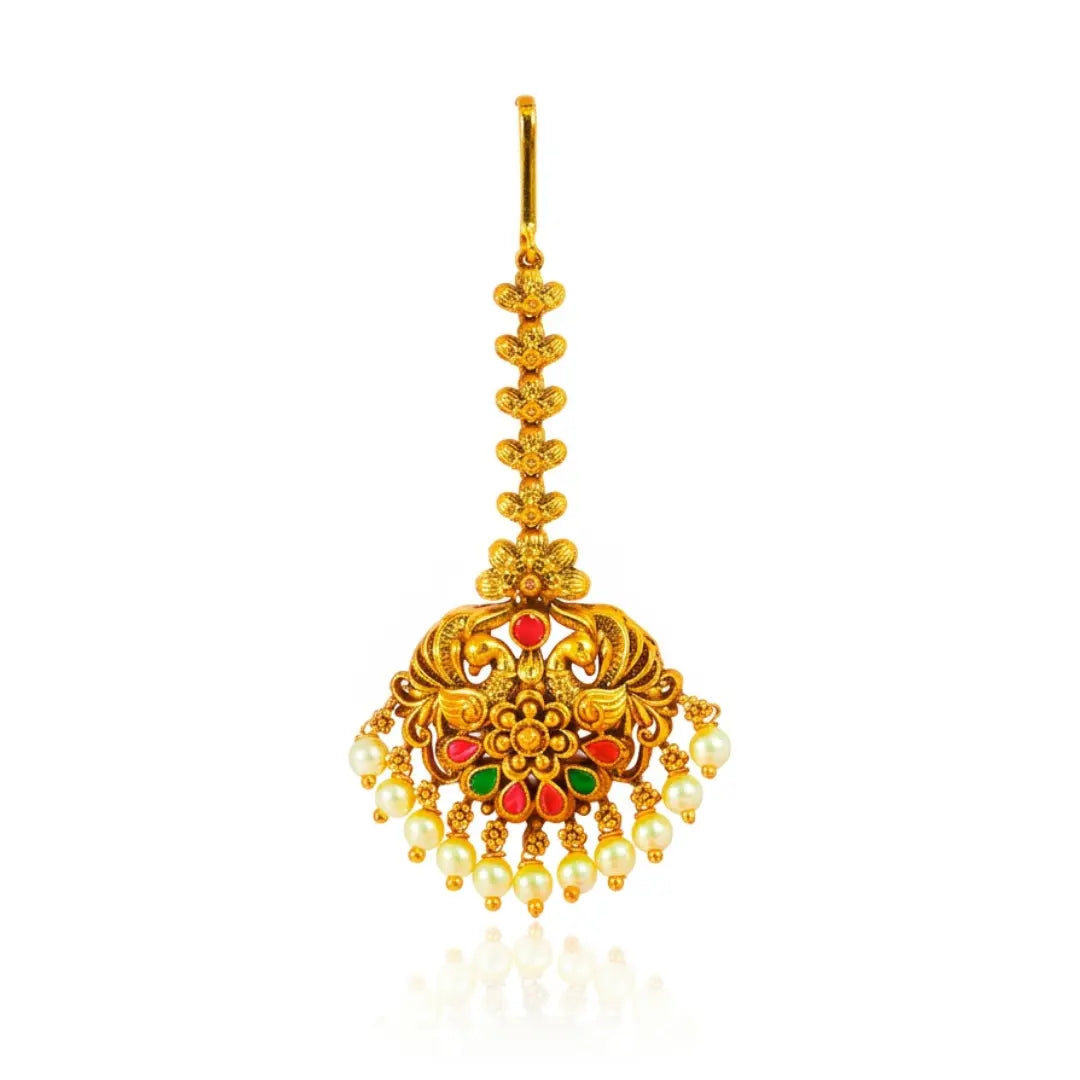 Antique Temple Jewellery Maang Tikka with Pearl Drops J-1255