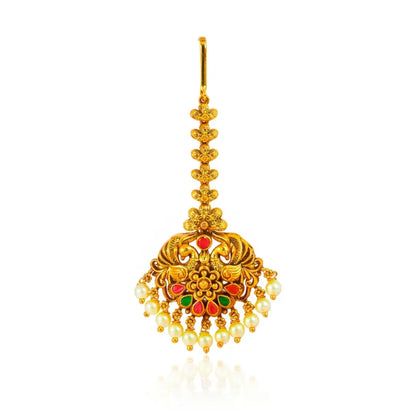 Antique Temple Jewellery Maang Tikka with Pearl Drops J-1255