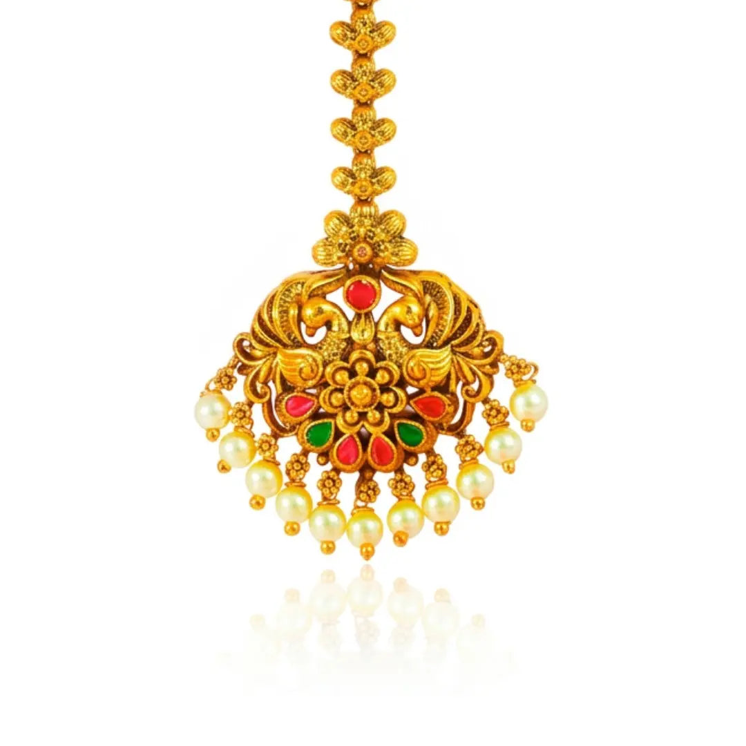 Antique Temple Jewellery Maang Tikka with Pearl Drops J-1255