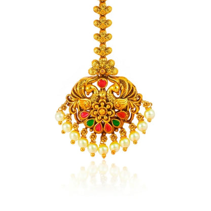 Antique Temple Jewellery Maang Tikka with Pearl Drops J-1255