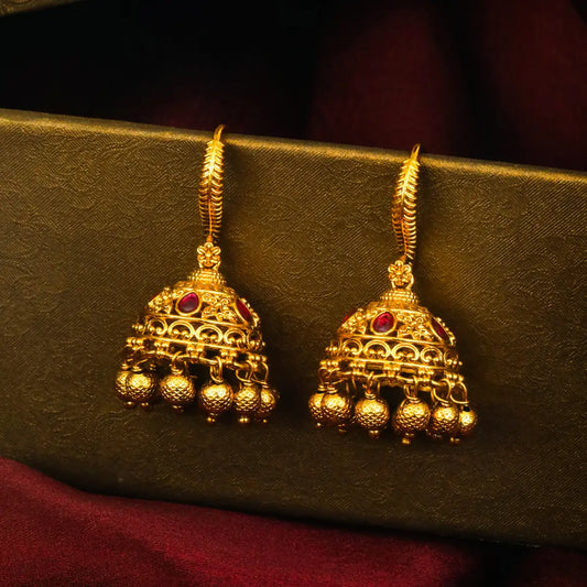 Meera Madhuri Jhumka | Gold-Plated Devotion Sweetness Temple Earrings