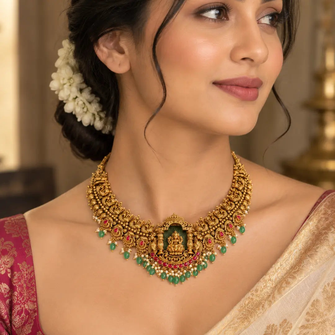 Swarna Kamala Jhumka Short Necklace Set | Gold-Plated Temple Jewellery J-1023