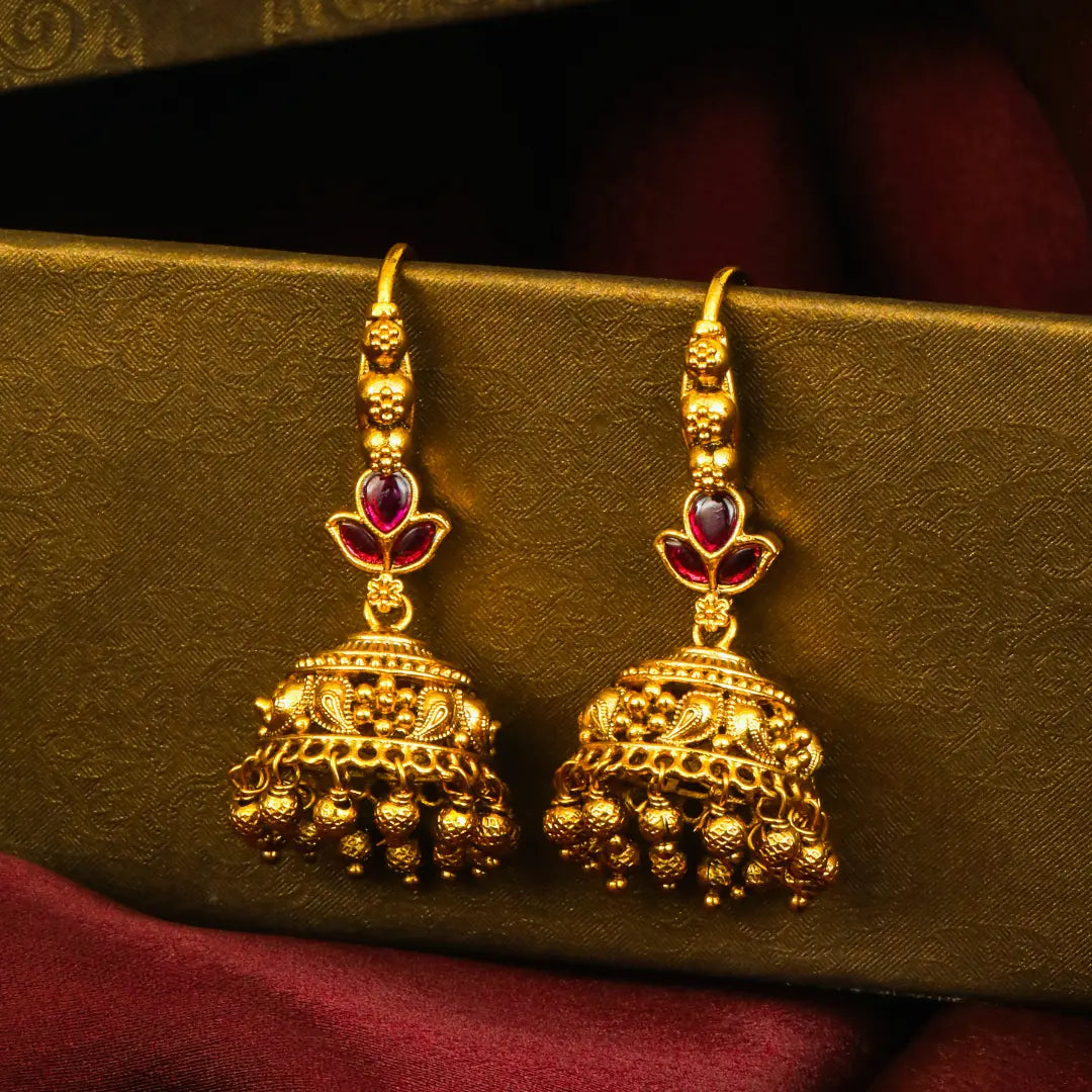 Ratna Kamala Ghanta Jhumka | Gold-Plated Ruby Lotus Temple Earrings