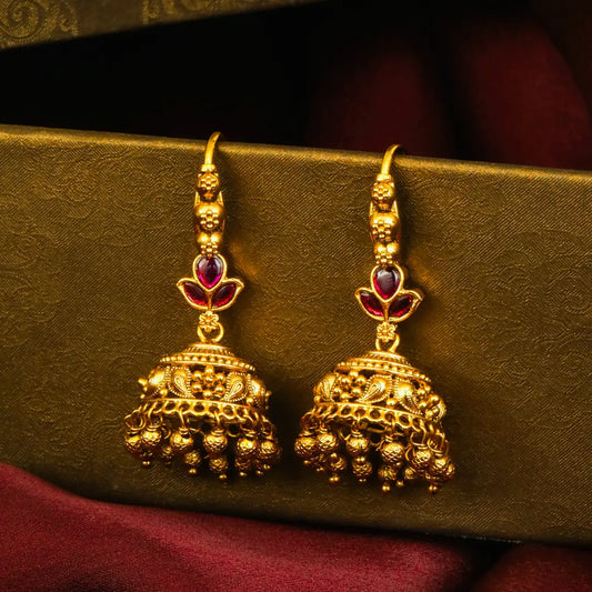 Ratna Kamala Ghanta Jhumka | Gold-Plated Ruby Lotus Temple Earrings