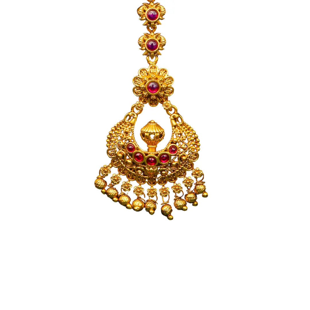 Antique Temple Maang Tikka – Gold-Plated & Gemstone Studded T-6