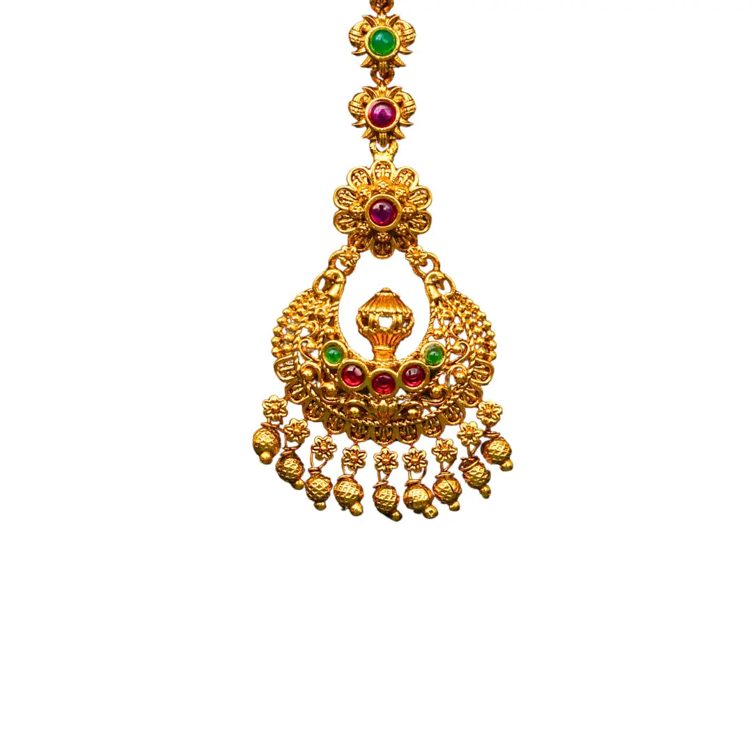 Antique Temple Maang Tikka – Gold-Plated & Gemstone Studded T-6