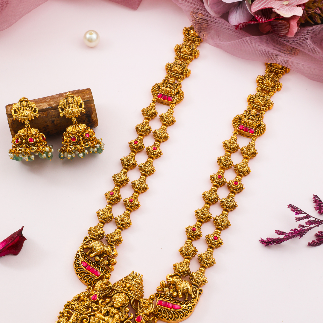 Rajeshwari Long Haram | Gold-Plated Queen Goddess Temple Necklace