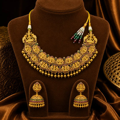 Ruby Stone Lakshmi Temple Short Necklace Set R-528
