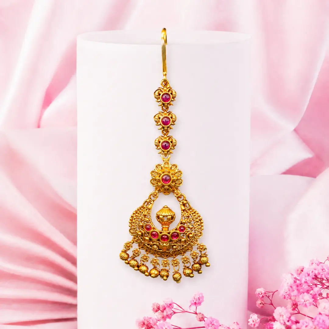 Antique Temple Maang Tikka – Gold-Plated & Gemstone Studded T-6